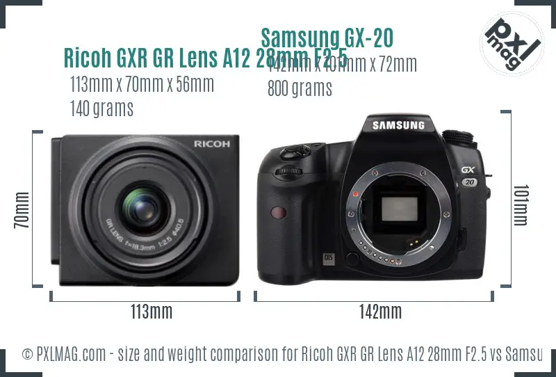 Ricoh GXR GR Lens A12 28mm F2.5 vs Samsung GX-20 size comparison