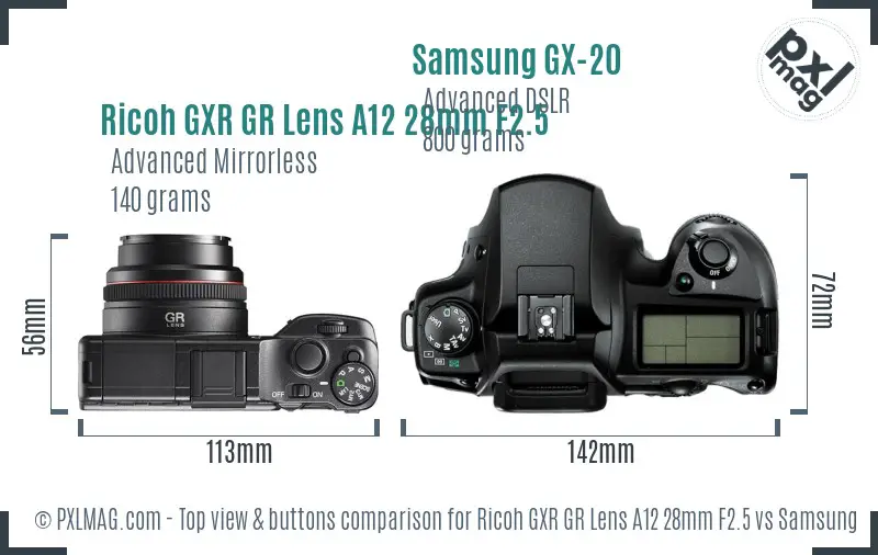 Ricoh GXR GR Lens A12 28mm F2.5 vs Samsung GX-20 top view buttons comparison
