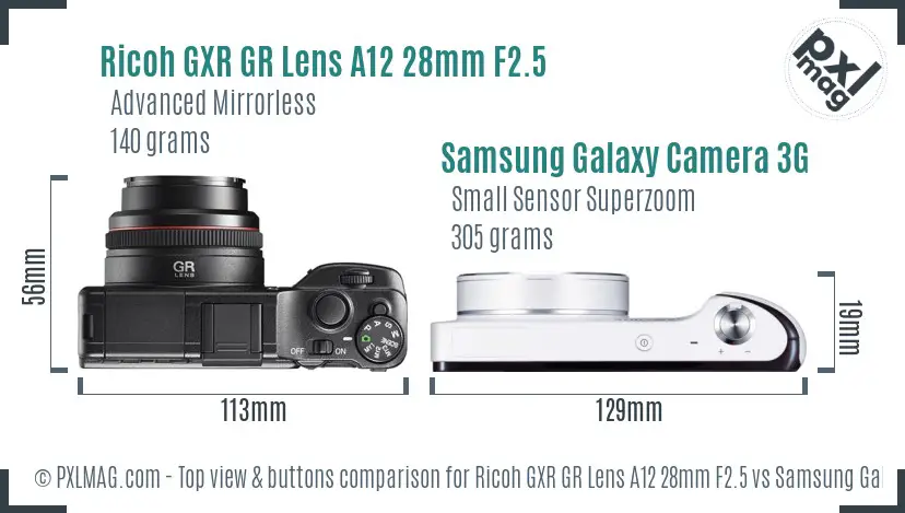 Ricoh GXR GR Lens A12 28mm F2.5 vs Samsung Galaxy Camera 3G top view buttons comparison