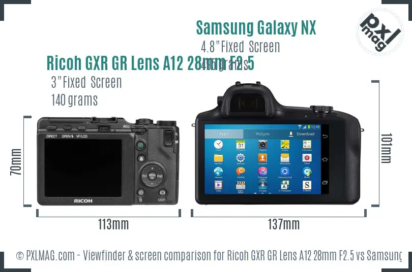 Ricoh GXR GR Lens A12 28mm F2.5 vs Samsung Galaxy NX Screen and Viewfinder comparison