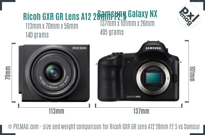 Ricoh GXR GR Lens A12 28mm F2.5 vs Samsung Galaxy NX size comparison