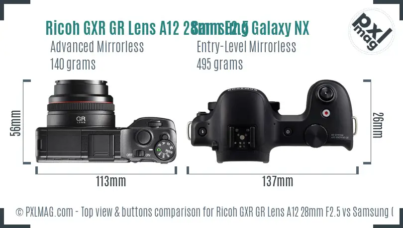 Ricoh GXR GR Lens A12 28mm F2.5 vs Samsung Galaxy NX top view buttons comparison