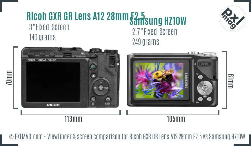 Ricoh GXR GR Lens A12 28mm F2.5 vs Samsung HZ10W Screen and Viewfinder comparison