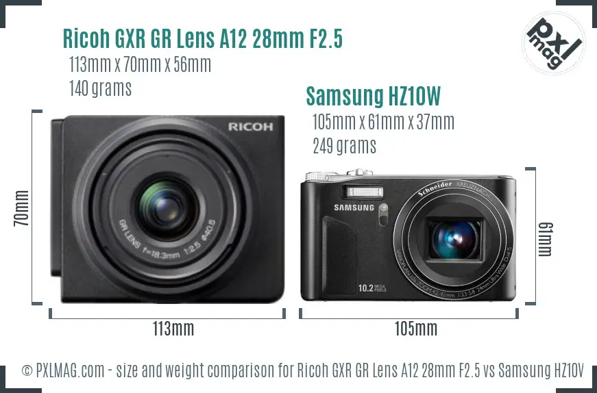 Ricoh GXR GR Lens A12 28mm F2.5 vs Samsung HZ10W size comparison