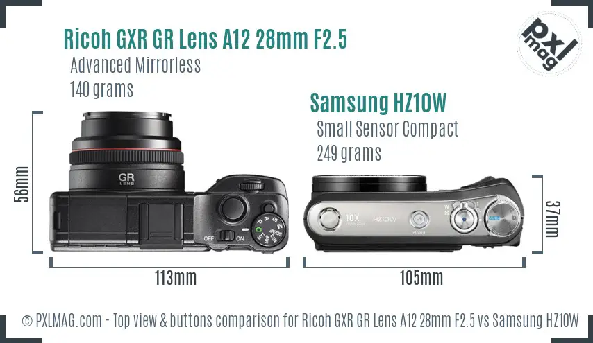 Ricoh GXR GR Lens A12 28mm F2.5 vs Samsung HZ10W top view buttons comparison