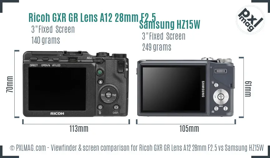 Ricoh GXR GR Lens A12 28mm F2.5 vs Samsung HZ15W Screen and Viewfinder comparison