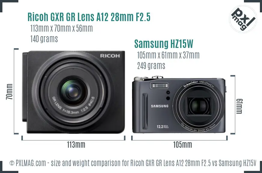 Ricoh GXR GR Lens A12 28mm F2.5 vs Samsung HZ15W size comparison