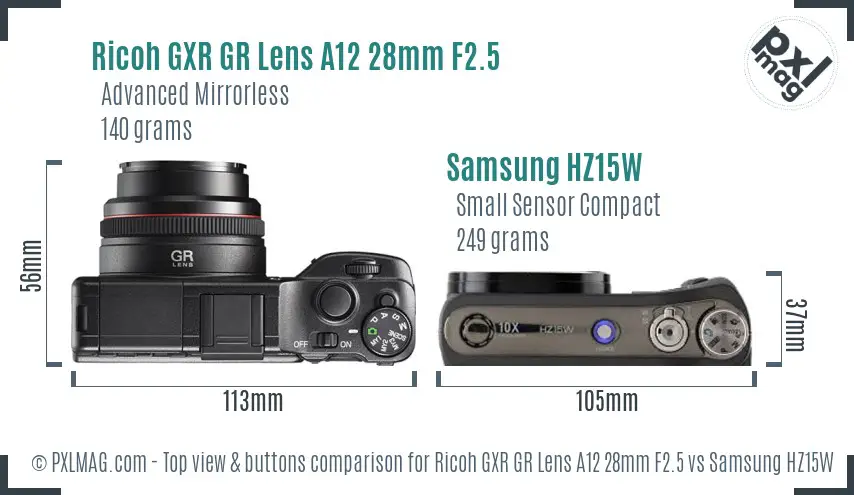 Ricoh GXR GR Lens A12 28mm F2.5 vs Samsung HZ15W top view buttons comparison