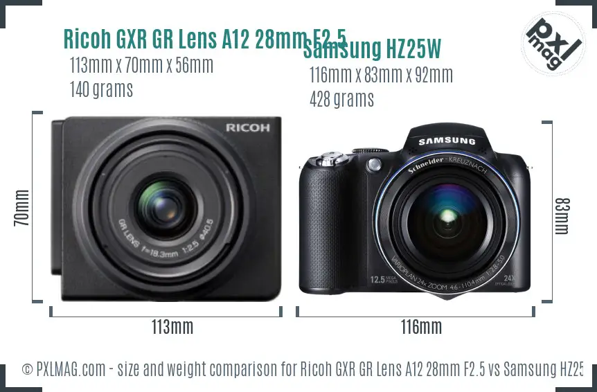 Ricoh GXR GR Lens A12 28mm F2.5 vs Samsung HZ25W size comparison