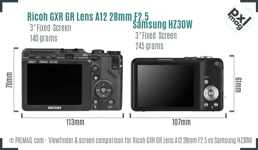 Ricoh GXR GR Lens A12 28mm F2.5 vs Samsung HZ30W Screen and Viewfinder comparison