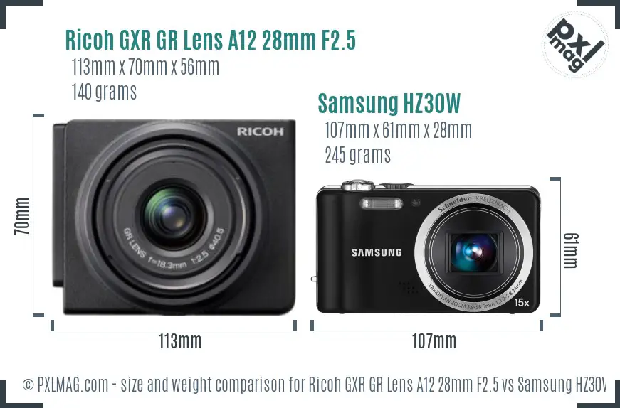 Ricoh GXR GR Lens A12 28mm F2.5 vs Samsung HZ30W size comparison