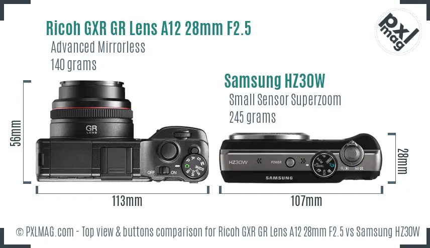 Ricoh GXR GR Lens A12 28mm F2.5 vs Samsung HZ30W top view buttons comparison