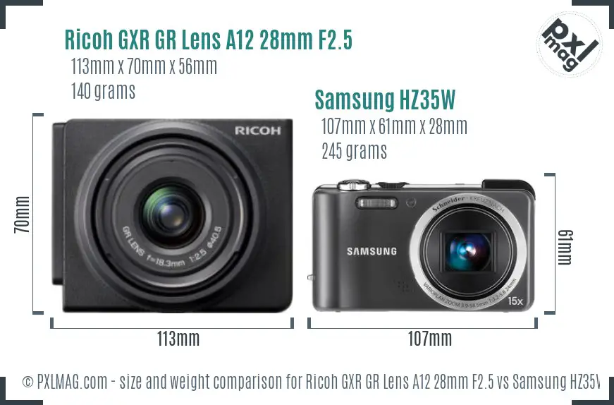 Ricoh GXR GR Lens A12 28mm F2.5 vs Samsung HZ35W size comparison