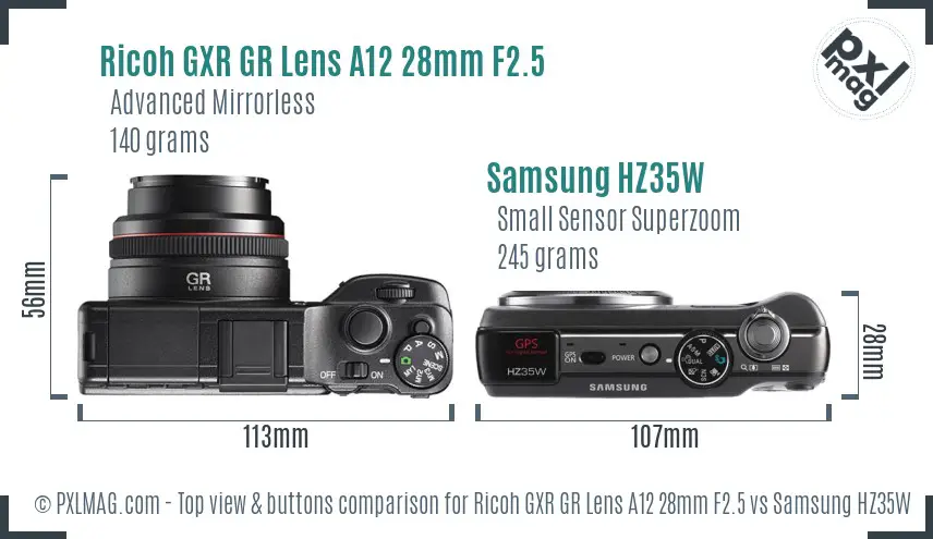 Ricoh GXR GR Lens A12 28mm F2.5 vs Samsung HZ35W top view buttons comparison