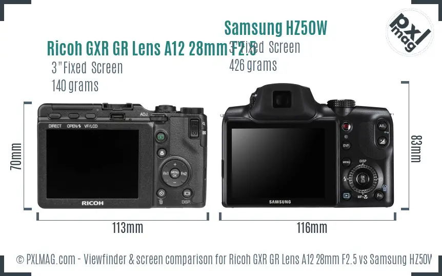Ricoh GXR GR Lens A12 28mm F2.5 vs Samsung HZ50W Screen and Viewfinder comparison