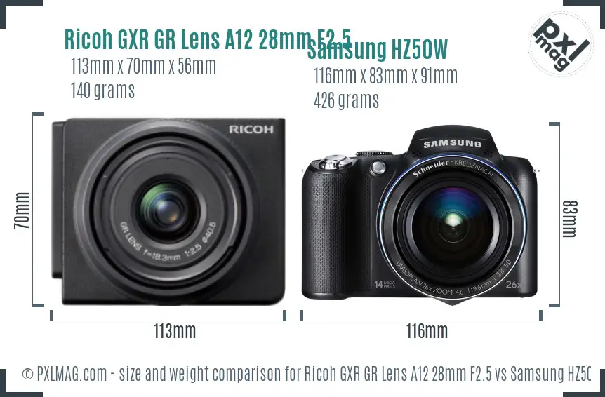 Ricoh GXR GR Lens A12 28mm F2.5 vs Samsung HZ50W size comparison