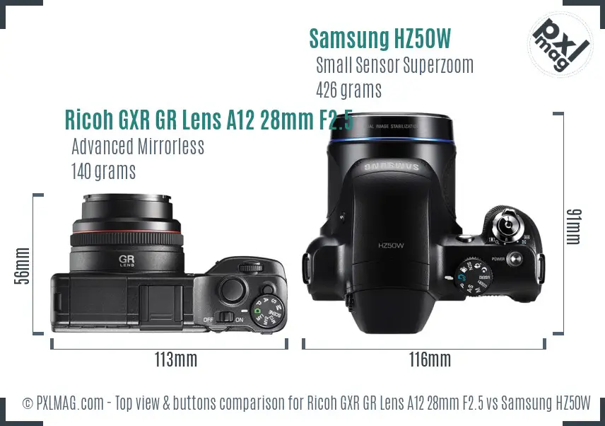 Ricoh GXR GR Lens A12 28mm F2.5 vs Samsung HZ50W top view buttons comparison
