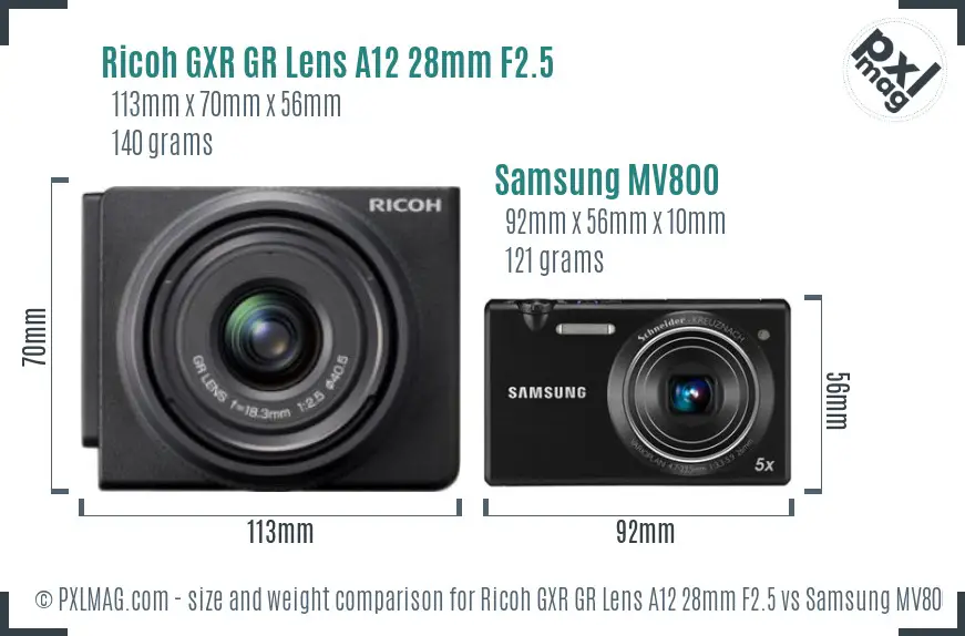 Ricoh GXR GR Lens A12 28mm F2.5 vs Samsung MV800 size comparison