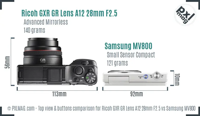 Ricoh GXR GR Lens A12 28mm F2.5 vs Samsung MV800 top view buttons comparison