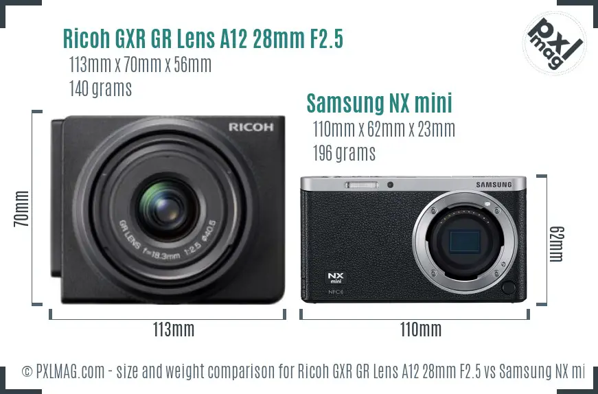 Ricoh GXR GR Lens A12 28mm F2.5 vs Samsung NX mini size comparison