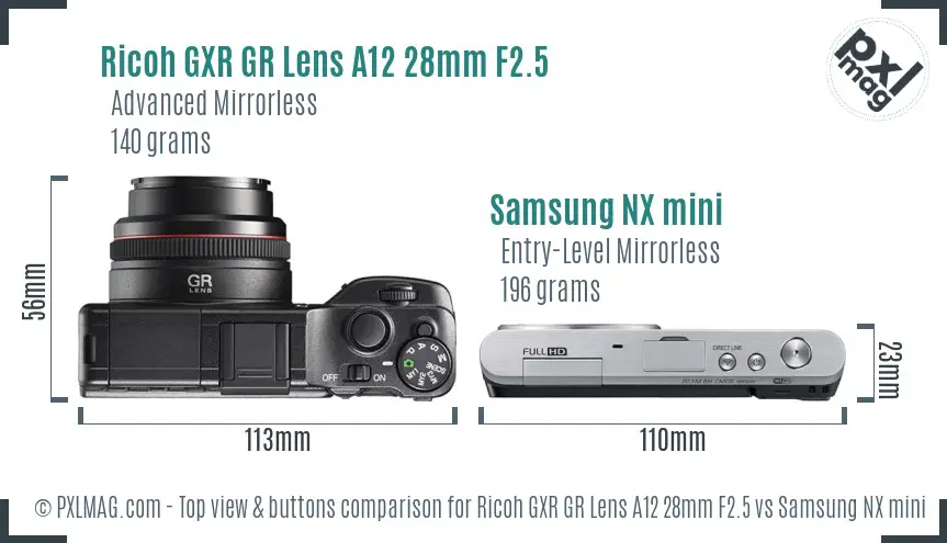 Ricoh GXR GR Lens A12 28mm F2.5 vs Samsung NX mini top view buttons comparison
