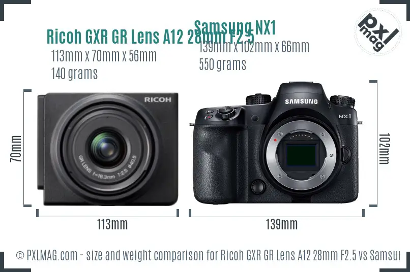 Ricoh GXR GR Lens A12 28mm F2.5 vs Samsung NX1 size comparison
