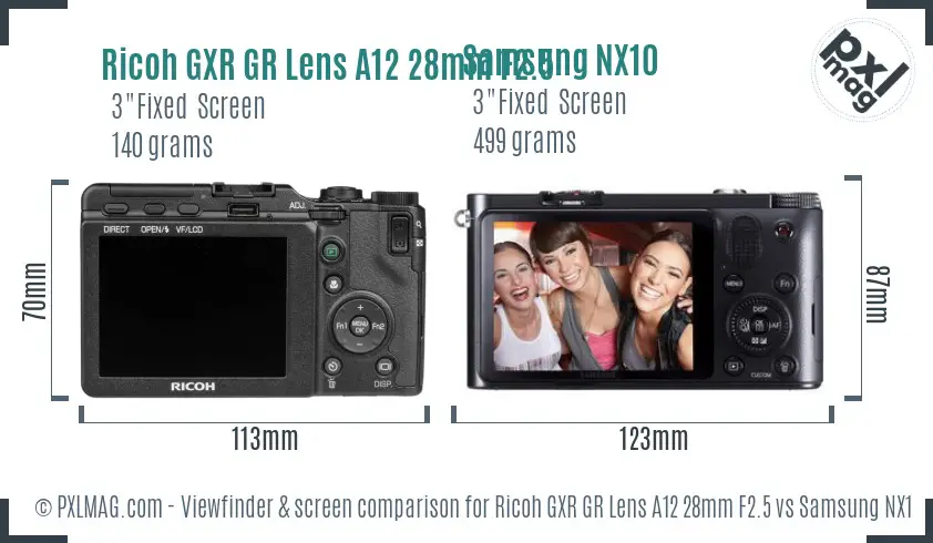 Ricoh GXR GR Lens A12 28mm F2.5 vs Samsung NX10 Screen and Viewfinder comparison