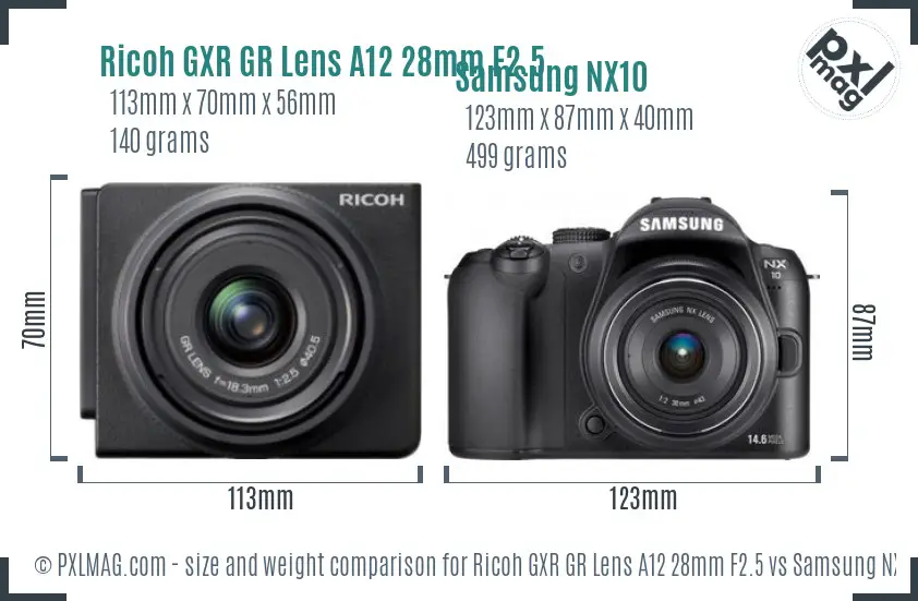Ricoh GXR GR Lens A12 28mm F2.5 vs Samsung NX10 size comparison