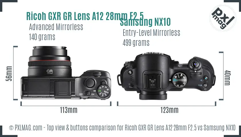 Ricoh GXR GR Lens A12 28mm F2.5 vs Samsung NX10 top view buttons comparison