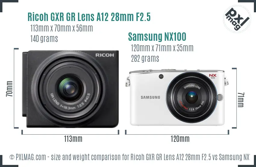 Ricoh GXR GR Lens A12 28mm F2.5 vs Samsung NX100 size comparison