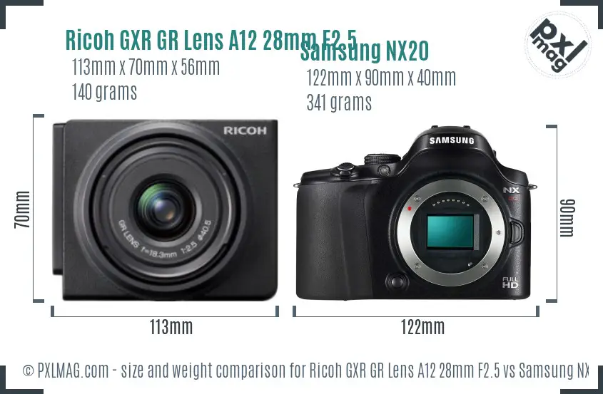 Ricoh GXR GR Lens A12 28mm F2.5 vs Samsung NX20 size comparison