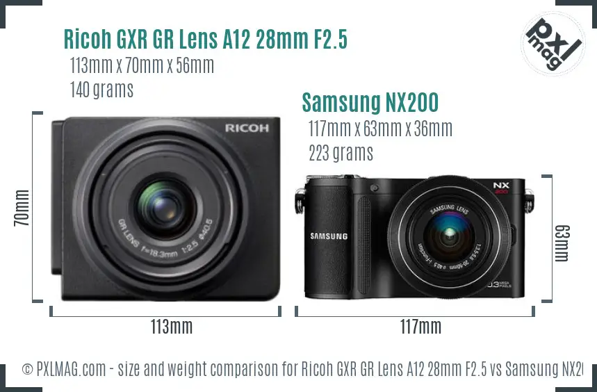 Ricoh GXR GR Lens A12 28mm F2.5 vs Samsung NX200 size comparison
