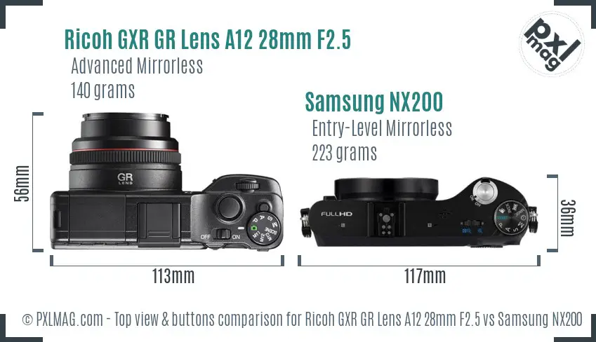 Ricoh GXR GR Lens A12 28mm F2.5 vs Samsung NX200 top view buttons comparison