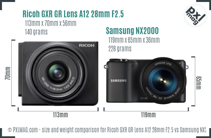 Ricoh GXR GR Lens A12 28mm F2.5 vs Samsung NX2000 size comparison