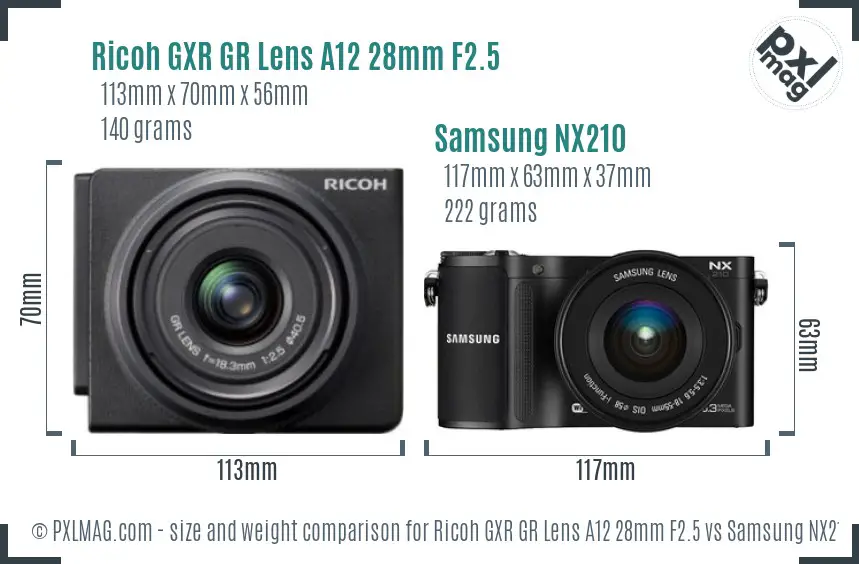 Ricoh GXR GR Lens A12 28mm F2.5 vs Samsung NX210 size comparison