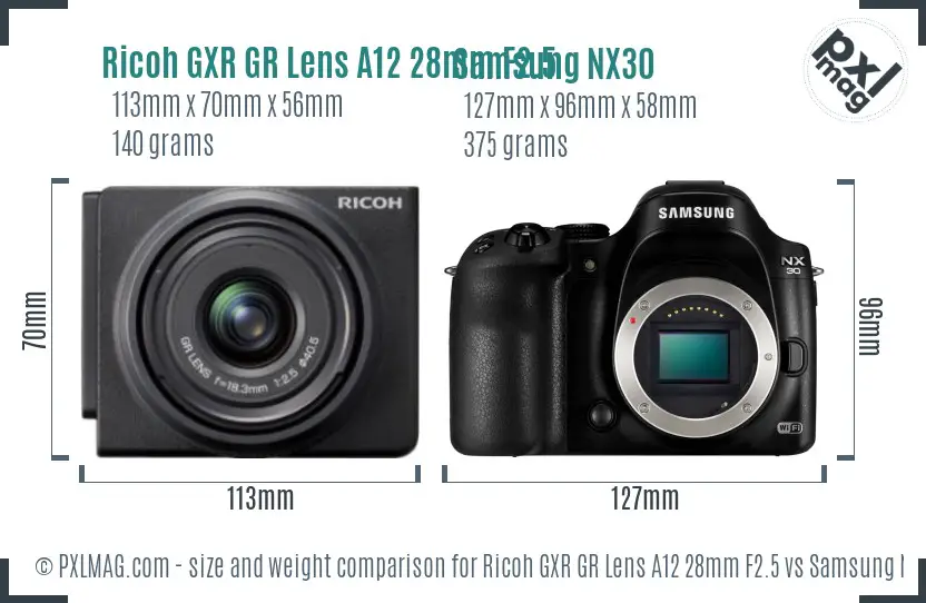 Ricoh GXR GR Lens A12 28mm F2.5 vs Samsung NX30 size comparison