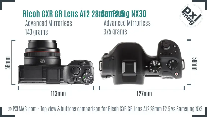 Ricoh GXR GR Lens A12 28mm F2.5 vs Samsung NX30 top view buttons comparison
