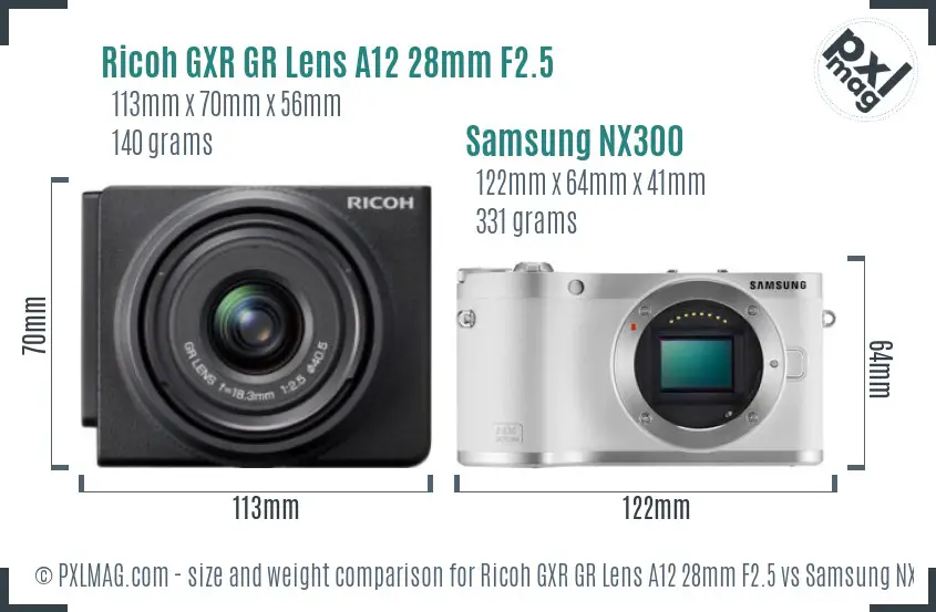Ricoh GXR GR Lens A12 28mm F2.5 vs Samsung NX300 size comparison