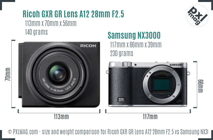Ricoh GXR GR Lens A12 28mm F2.5 vs Samsung NX3000 size comparison