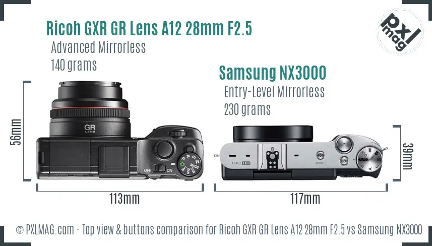 Ricoh GXR GR Lens A12 28mm F2.5 vs Samsung NX3000 top view buttons comparison