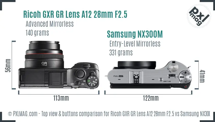 Ricoh GXR GR Lens A12 28mm F2.5 vs Samsung NX300M top view buttons comparison