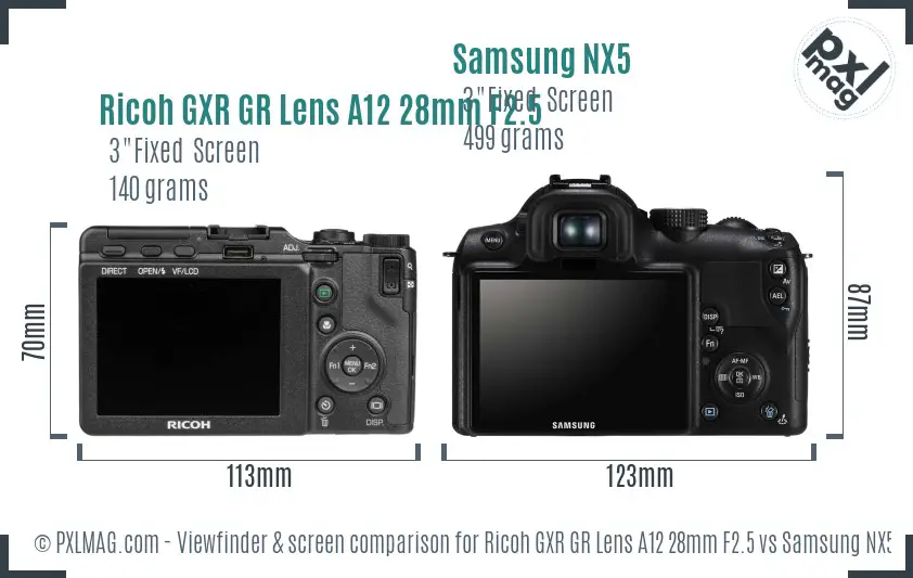 Ricoh GXR GR Lens A12 28mm F2.5 vs Samsung NX5 Screen and Viewfinder comparison
