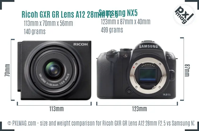 Ricoh GXR GR Lens A12 28mm F2.5 vs Samsung NX5 size comparison