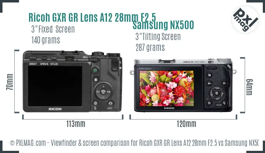 Ricoh GXR GR Lens A12 28mm F2.5 vs Samsung NX500 Screen and Viewfinder comparison