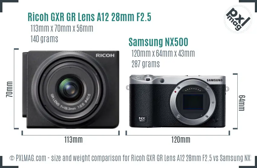Ricoh GXR GR Lens A12 28mm F2.5 vs Samsung NX500 size comparison