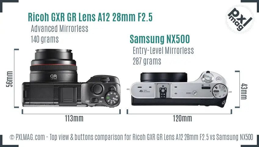 Ricoh GXR GR Lens A12 28mm F2.5 vs Samsung NX500 top view buttons comparison