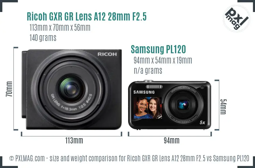 Ricoh GXR GR Lens A12 28mm F2.5 vs Samsung PL120 size comparison