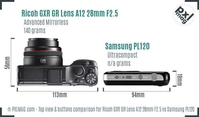 Ricoh GXR GR Lens A12 28mm F2.5 vs Samsung PL120 top view buttons comparison