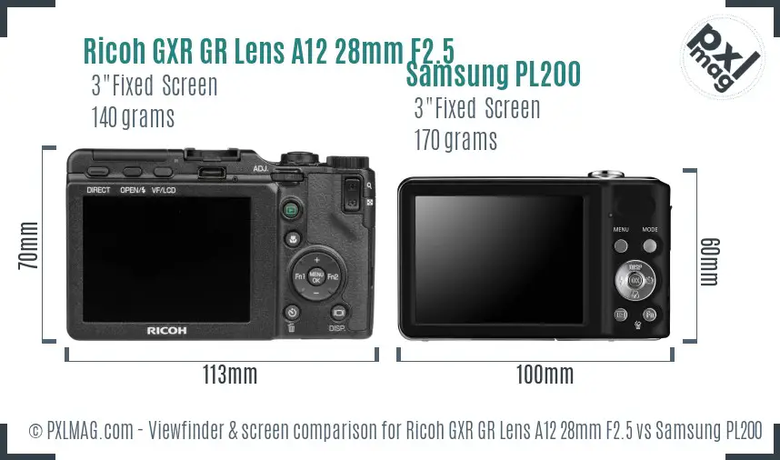 Ricoh GXR GR Lens A12 28mm F2.5 vs Samsung PL200 Screen and Viewfinder comparison