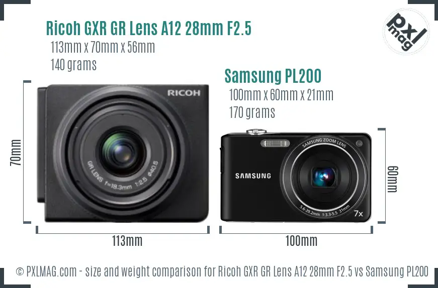 Ricoh GXR GR Lens A12 28mm F2.5 vs Samsung PL200 size comparison